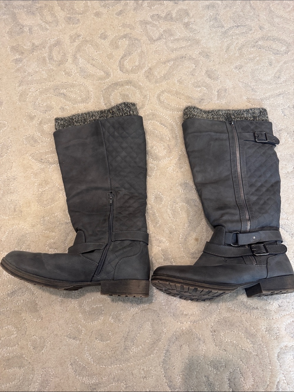 Quilted Knee-High Heeled Boots in Charcoal Gray